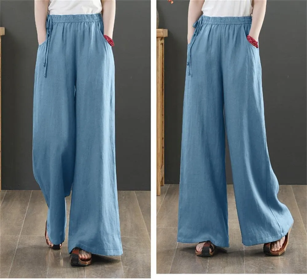 Les umes Women's Casual Wide Leg Long Pants High Waist Drawsting Loose Palazzo Pants Cotton Linen Beach Trousers