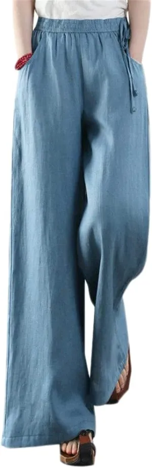 Les umes Women's Casual Wide Leg Long Pants High Waist Drawsting Loose Palazzo Pants Cotton Linen Beach Trousers