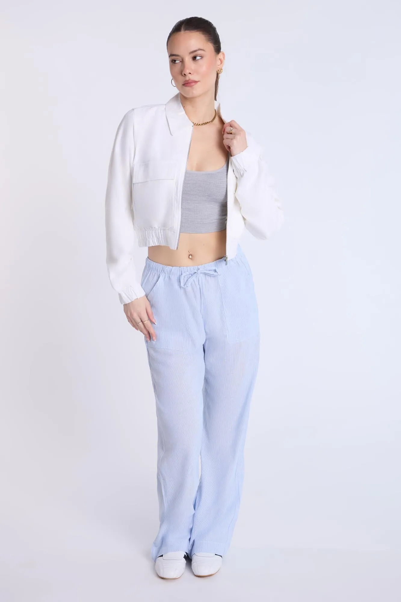 Linen-Blend Cargo Bomber Jacket