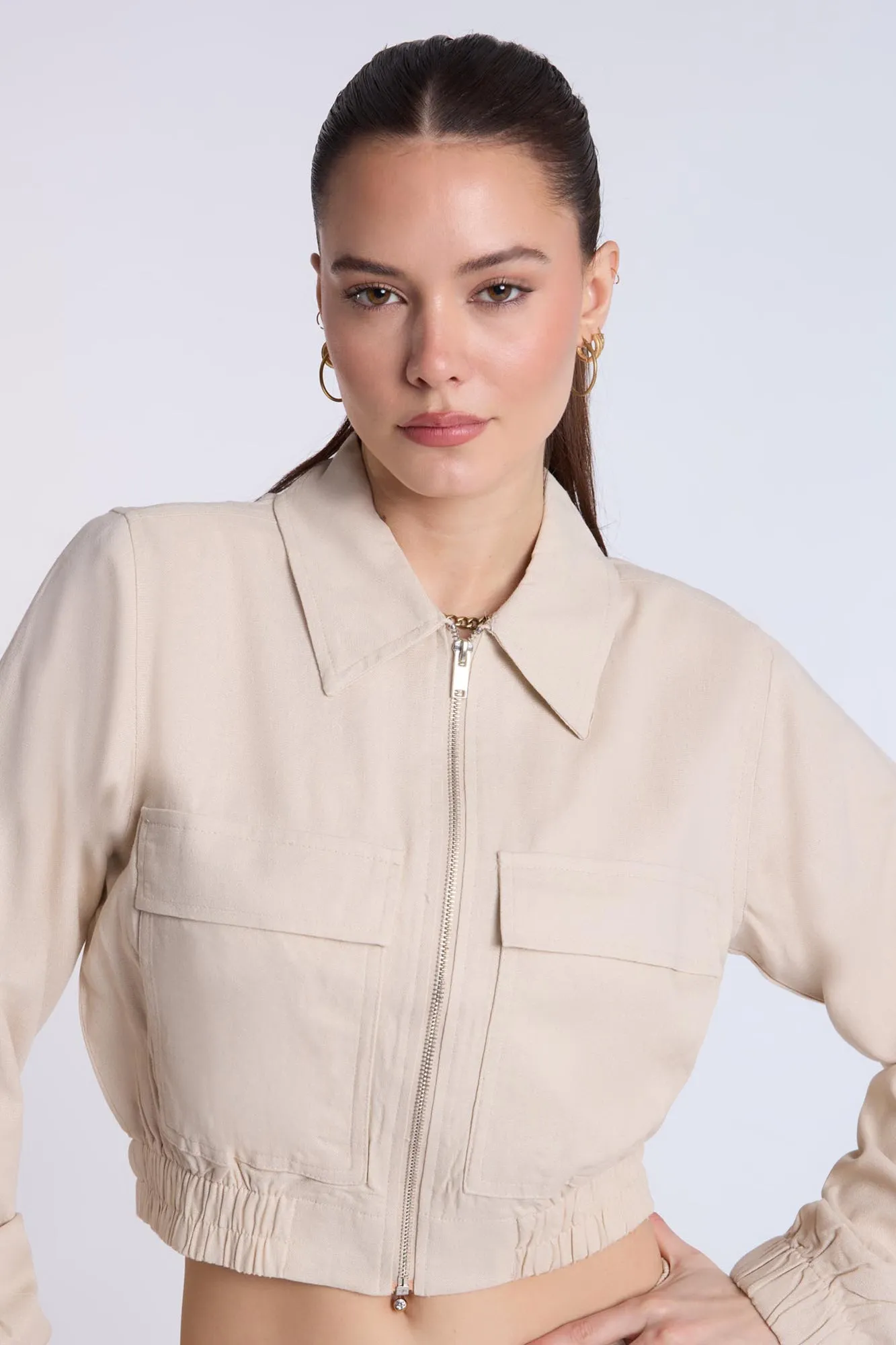 Linen-Blend Cargo Bomber Jacket
