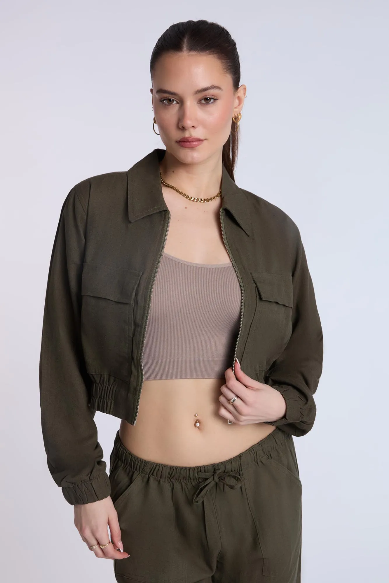 Linen-Blend Cargo Bomber Jacket