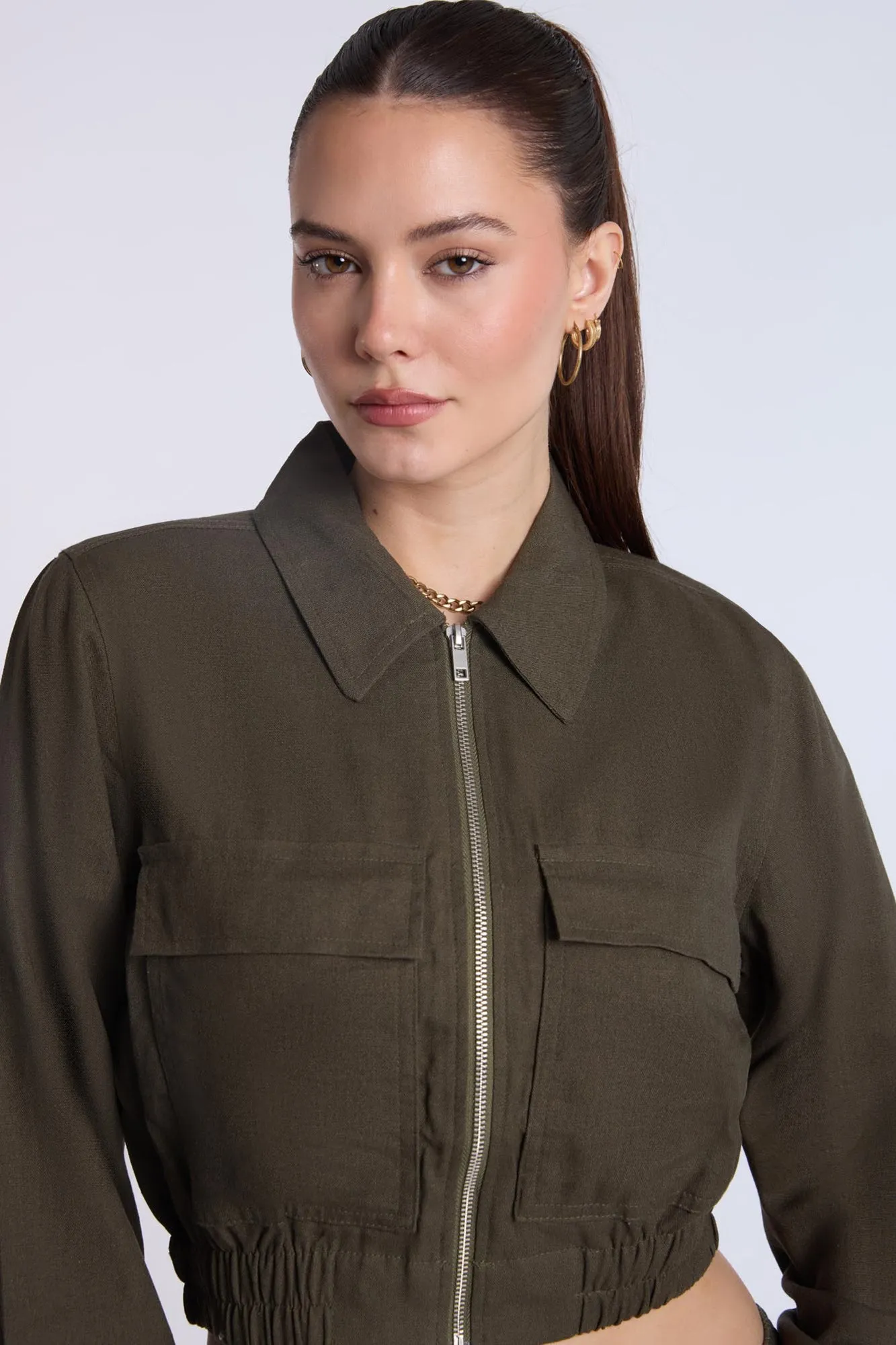 Linen-Blend Cargo Bomber Jacket
