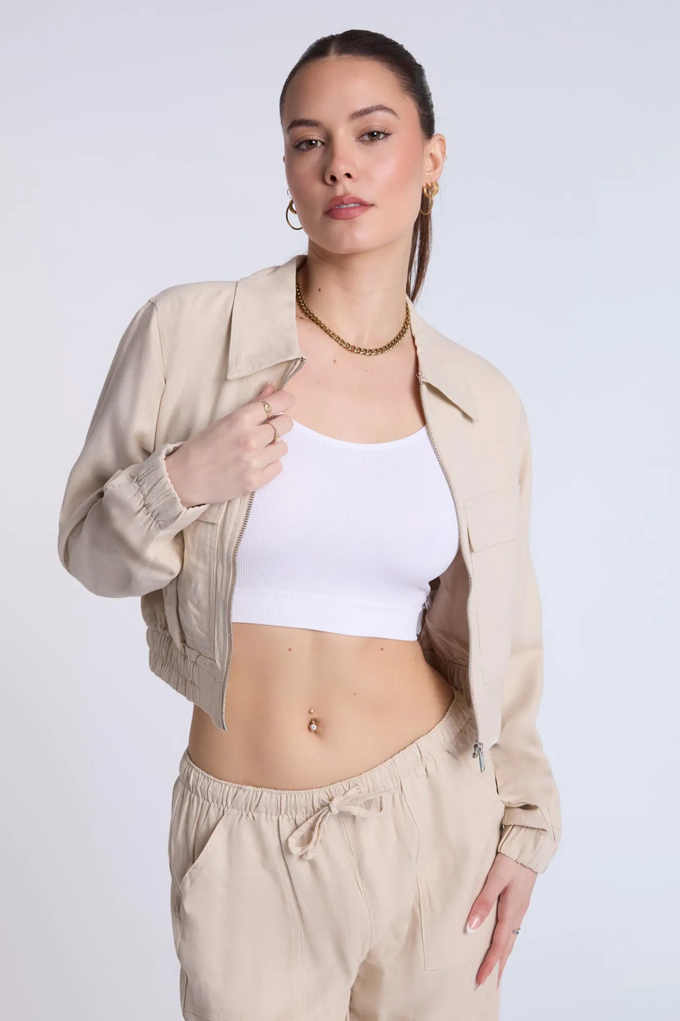 Linen-Blend Cargo Bomber Jacket