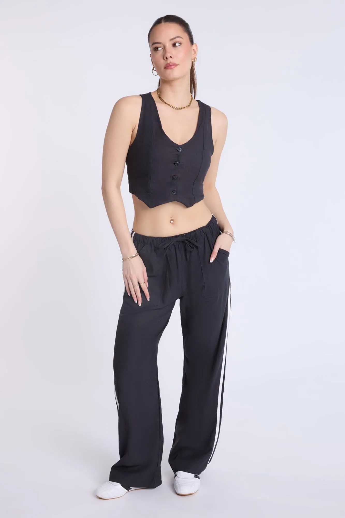 Linen-Blend Pull-On Wide Leg Pants
