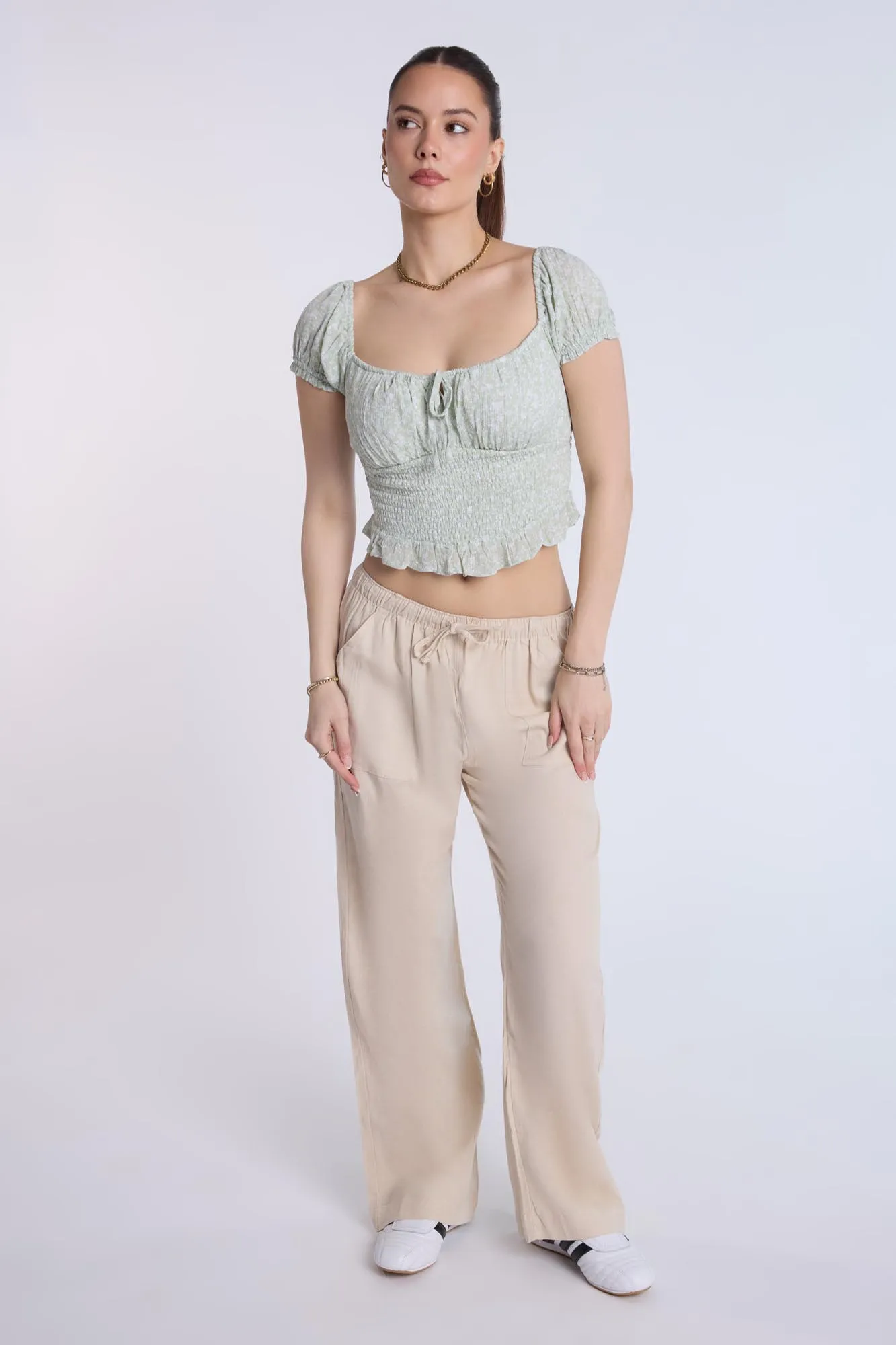 Linen-Blend Pull-On Wide Leg Pants