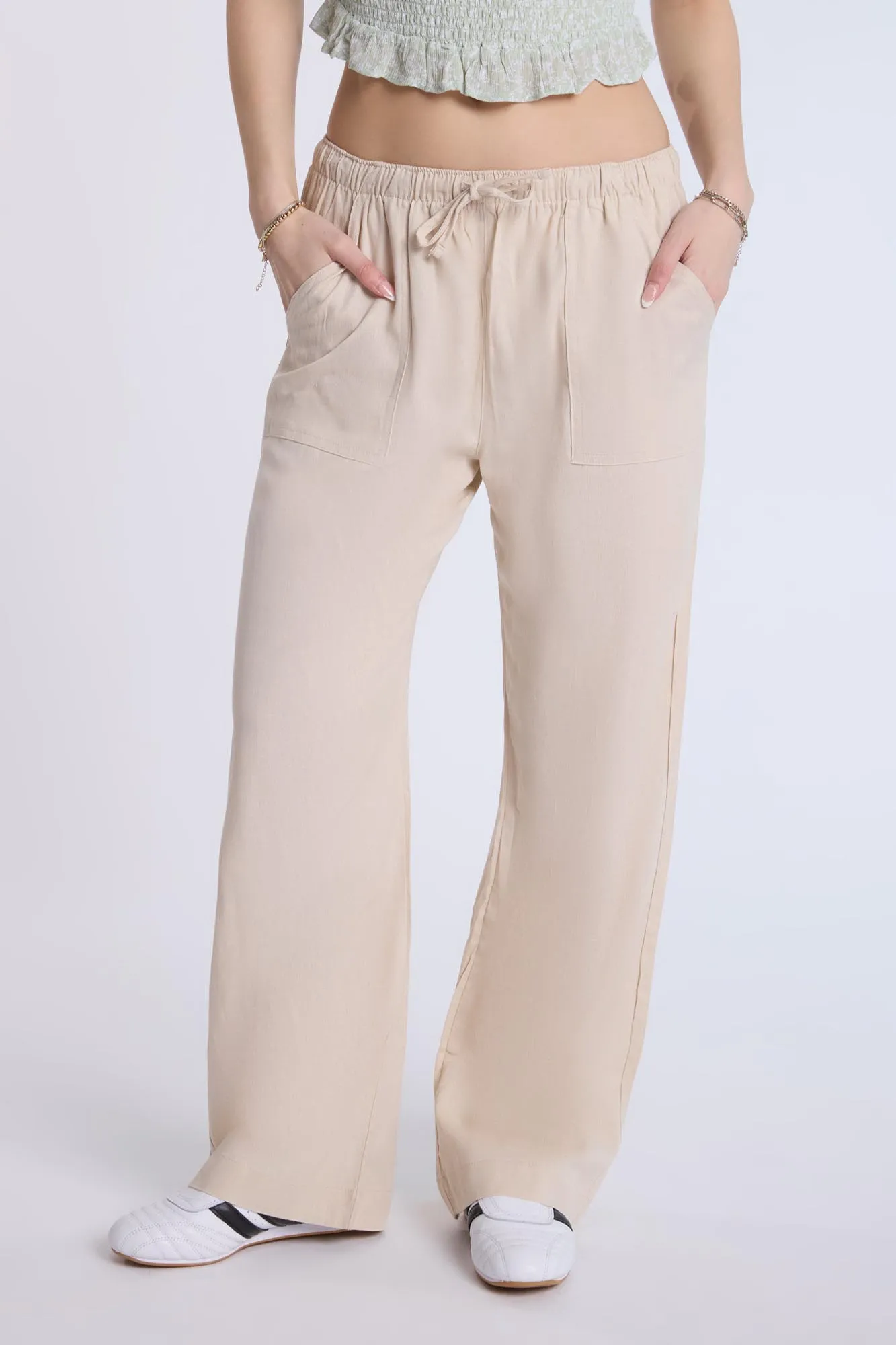 Linen-Blend Pull-On Wide Leg Pants