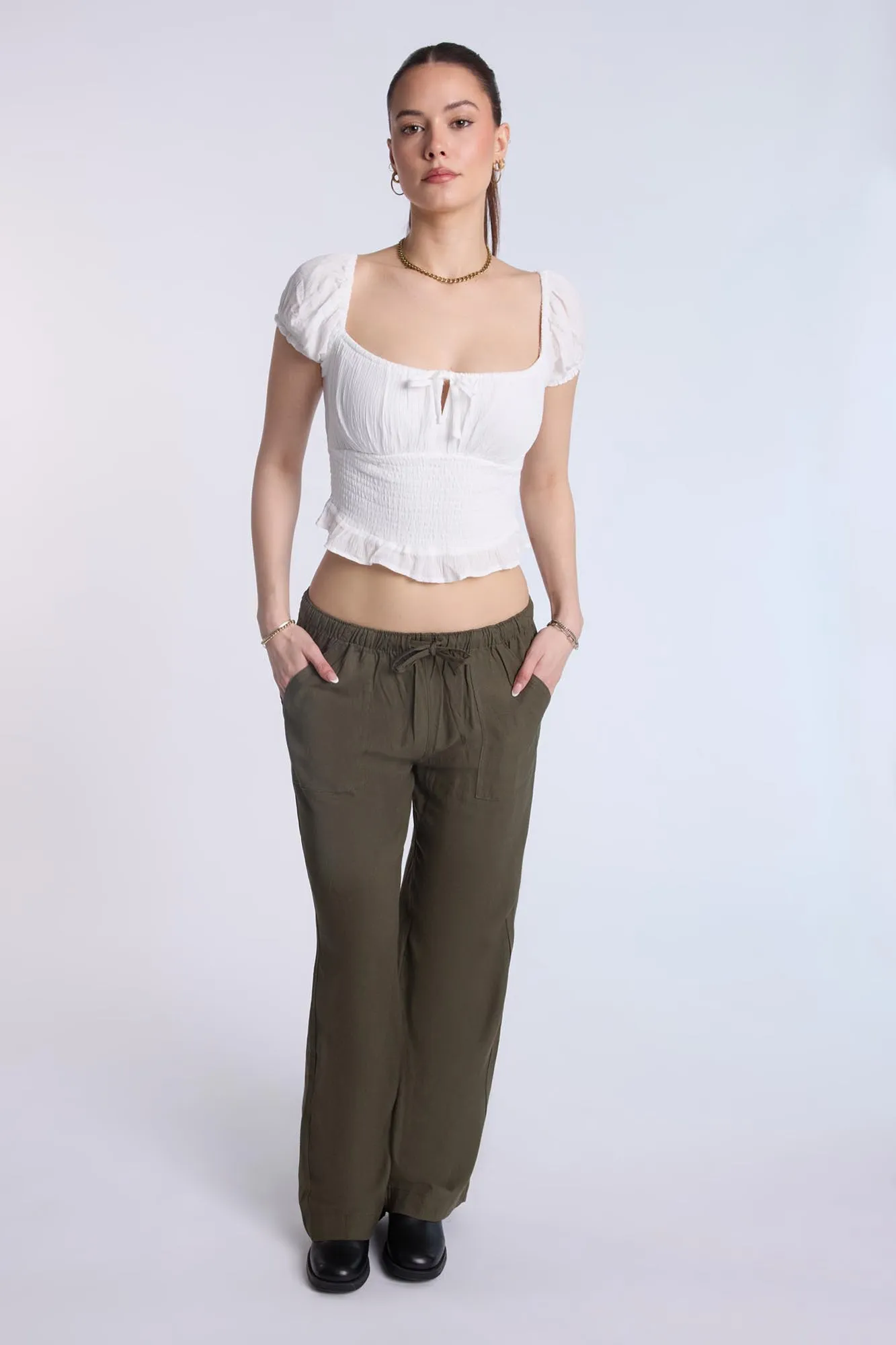 Linen-Blend Pull-On Wide Leg Pants