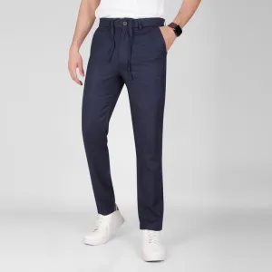Linen-Cotton Drawstring Trousers  -  NAVY- Available in store