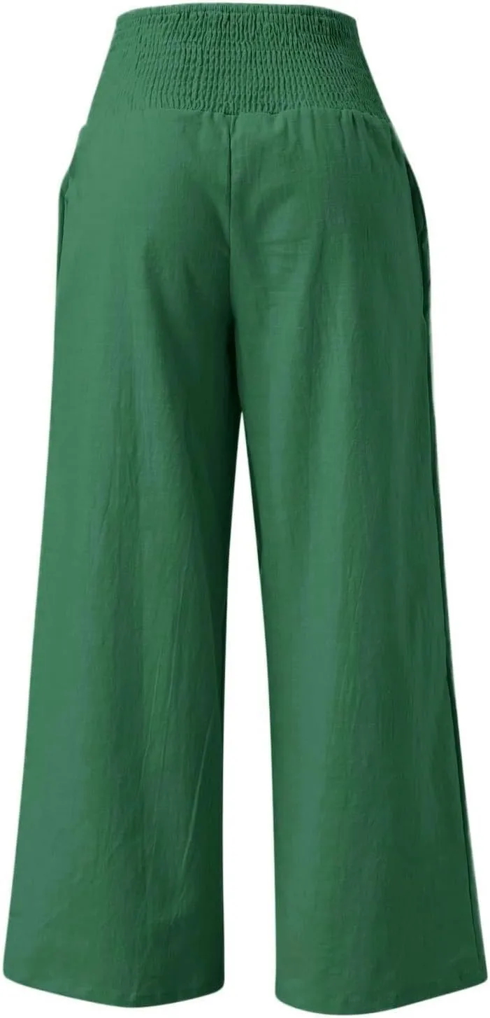 Linen Pants for Womens High Elastic Waist Wide Leg Trousers 2025 Summer Baggy Comfy Hiking Jogger Pants with Pockets