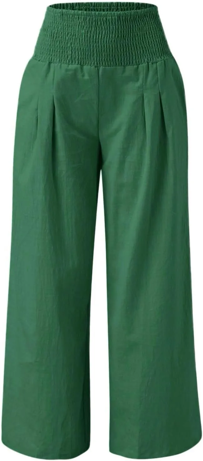 Linen Pants for Womens High Elastic Waist Wide Leg Trousers 2025 Summer Baggy Comfy Hiking Jogger Pants with Pockets