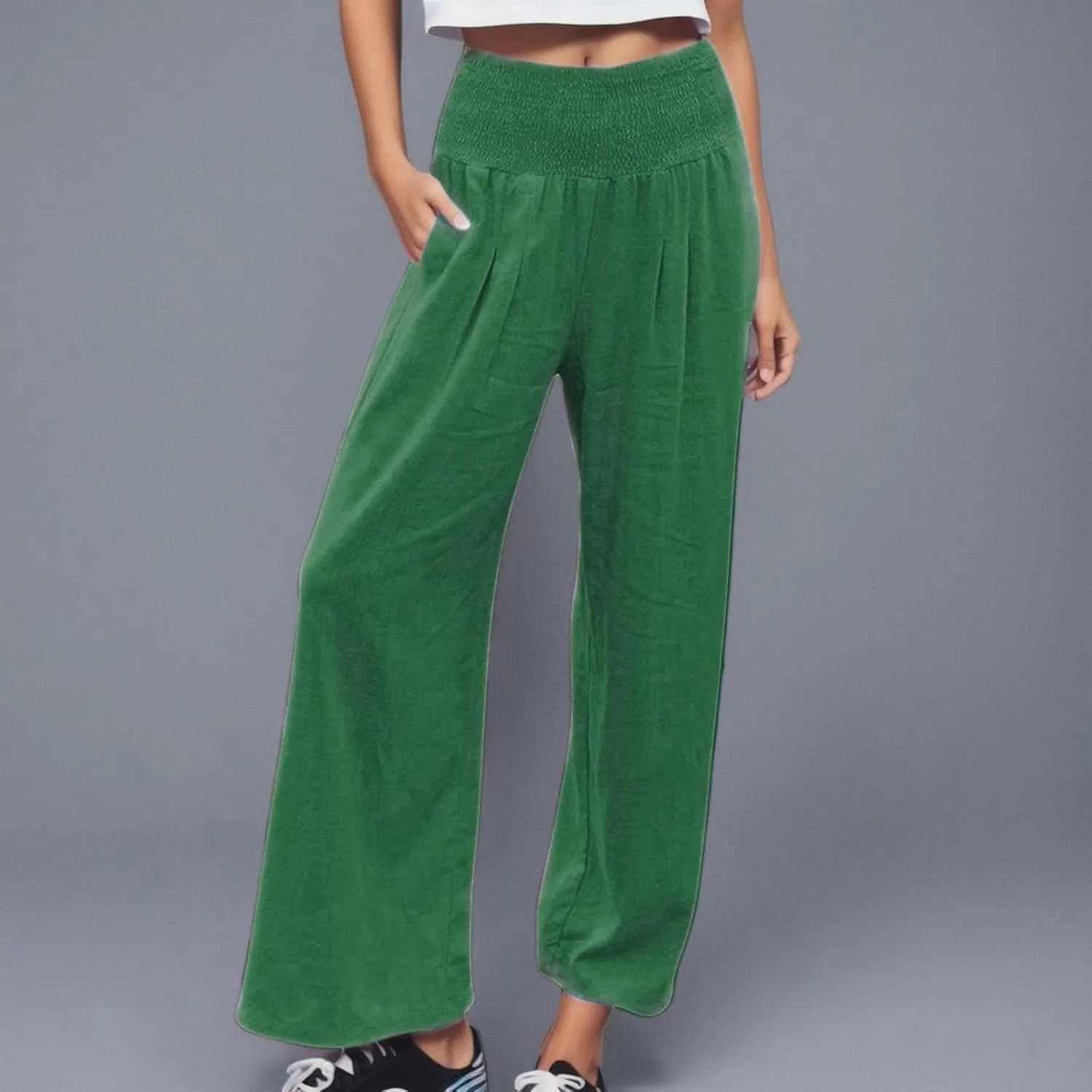 Linen Pants for Womens High Elastic Waist Wide Leg Trousers 2025 Summer Baggy Comfy Hiking Jogger Pants with Pockets