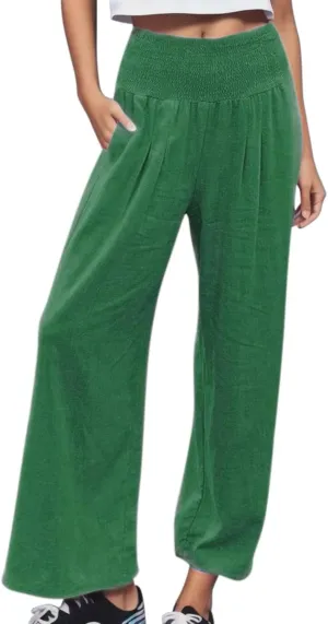 Linen Pants for Womens High Elastic Waist Wide Leg Trousers 2025 Summer Baggy Comfy Hiking Jogger Pants with Pockets