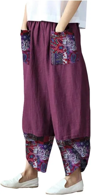 Maryia Wide Leg Baggy Cotton Linen Cropped Pants for Women Casual Patch Summer Vacasion Elastic Waist Tapered Harem Trousers
