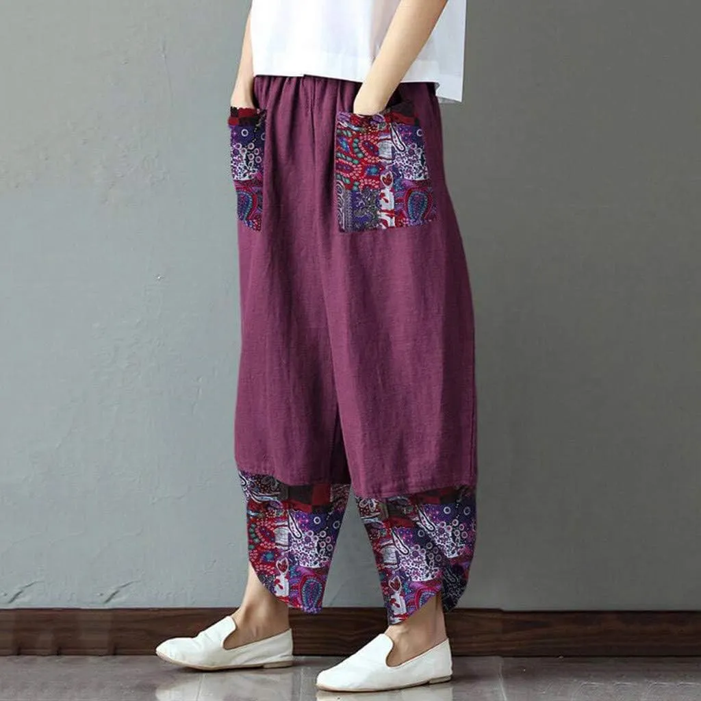 Maryia Wide Leg Baggy Cotton Linen Cropped Pants for Women Casual Patch Summer Vacasion Elastic Waist Tapered Harem Trousers