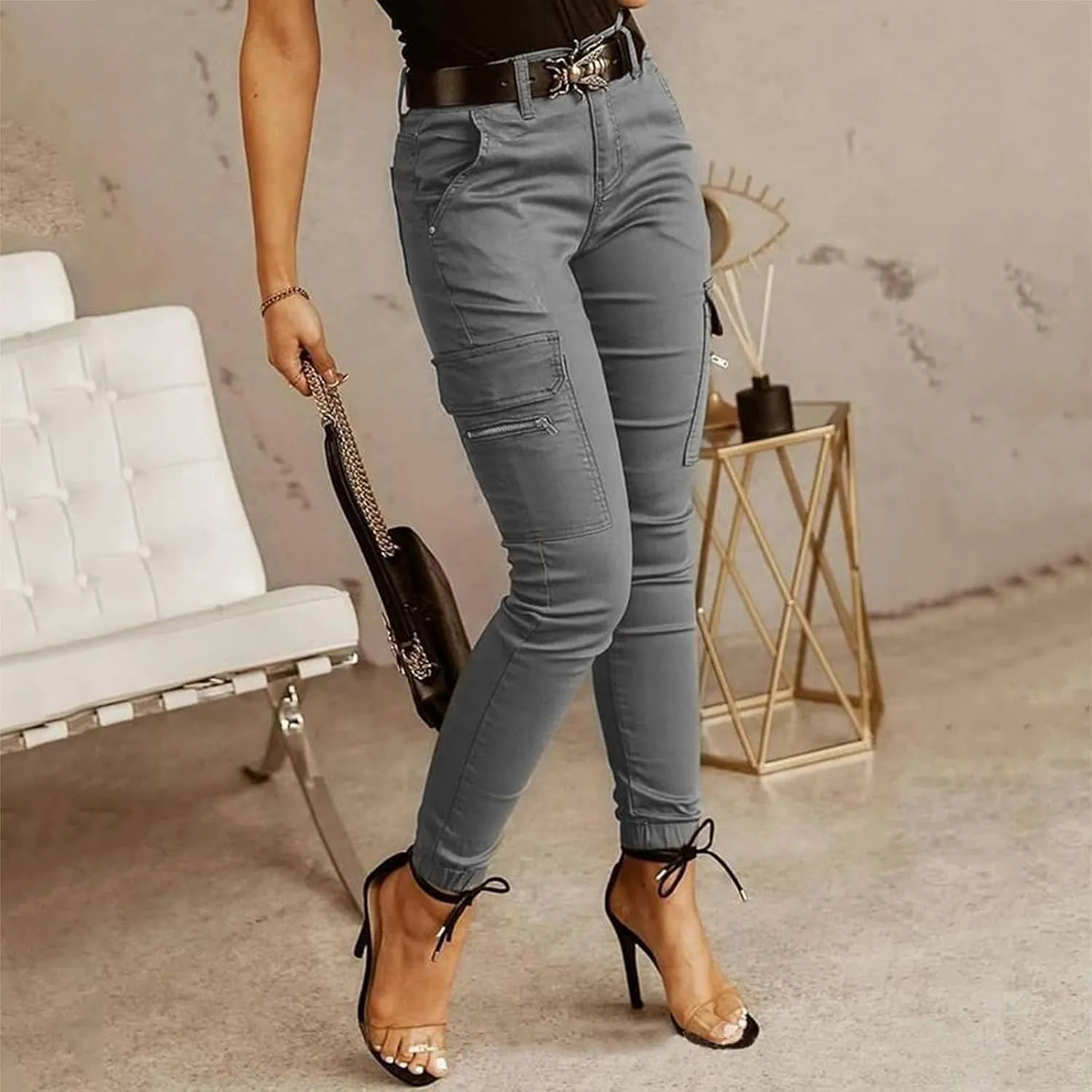 Maryia Women Casual Army Tactical Hiking Cargo Pants High Waist Straight Pencil Sweatpants with Ankle Bow-Knot Trousers