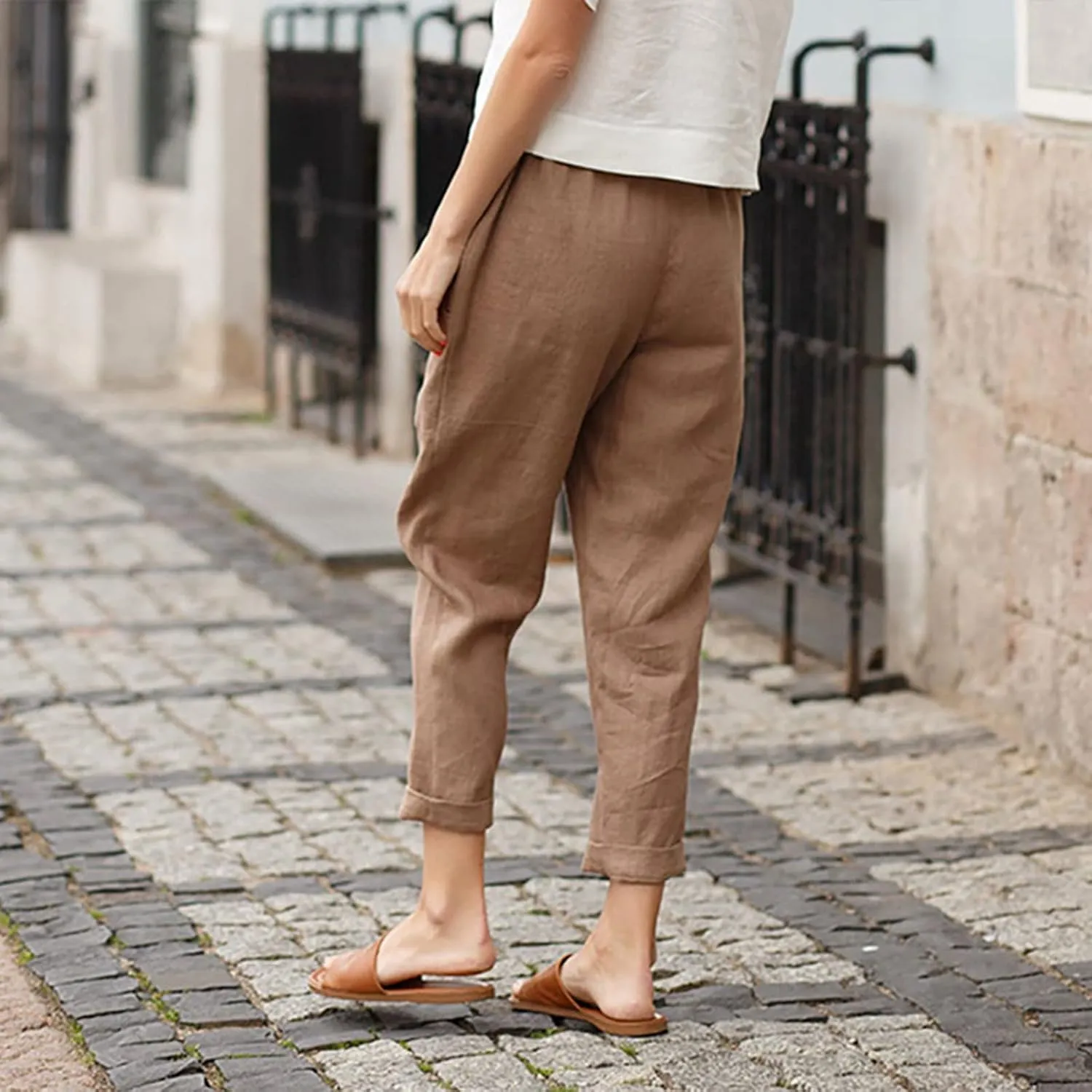 Maryia Women's Linen Cropped Ankle Pants Casual Loose Comfy Elastic Waist Yoga Summer Tapered Beach Trousers