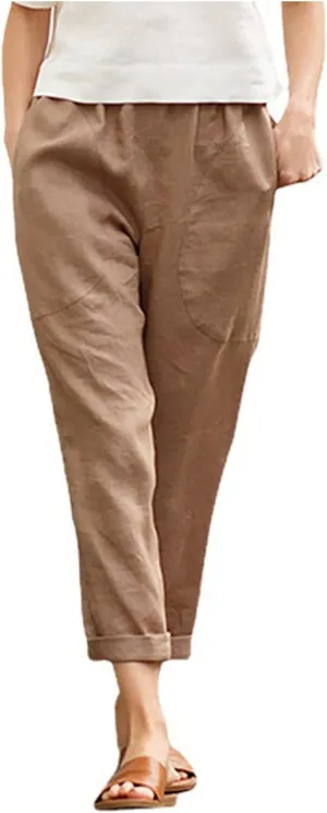 Maryia Women's Linen Cropped Ankle Pants Casual Loose Comfy Elastic Waist Yoga Summer Tapered Beach Trousers