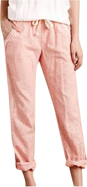 Maryia Women's Linen Cropped Pants Tapered Capris Casual Comfy Solid Rolled Leg Summer Loose Trousers