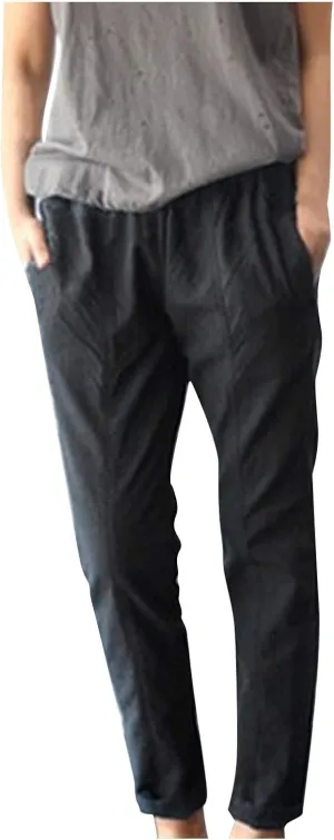 Maryia Women's Linen Cropped Pants Tapered Capris Casual Comfy Solid Rolled Leg Summer Loose Trousers