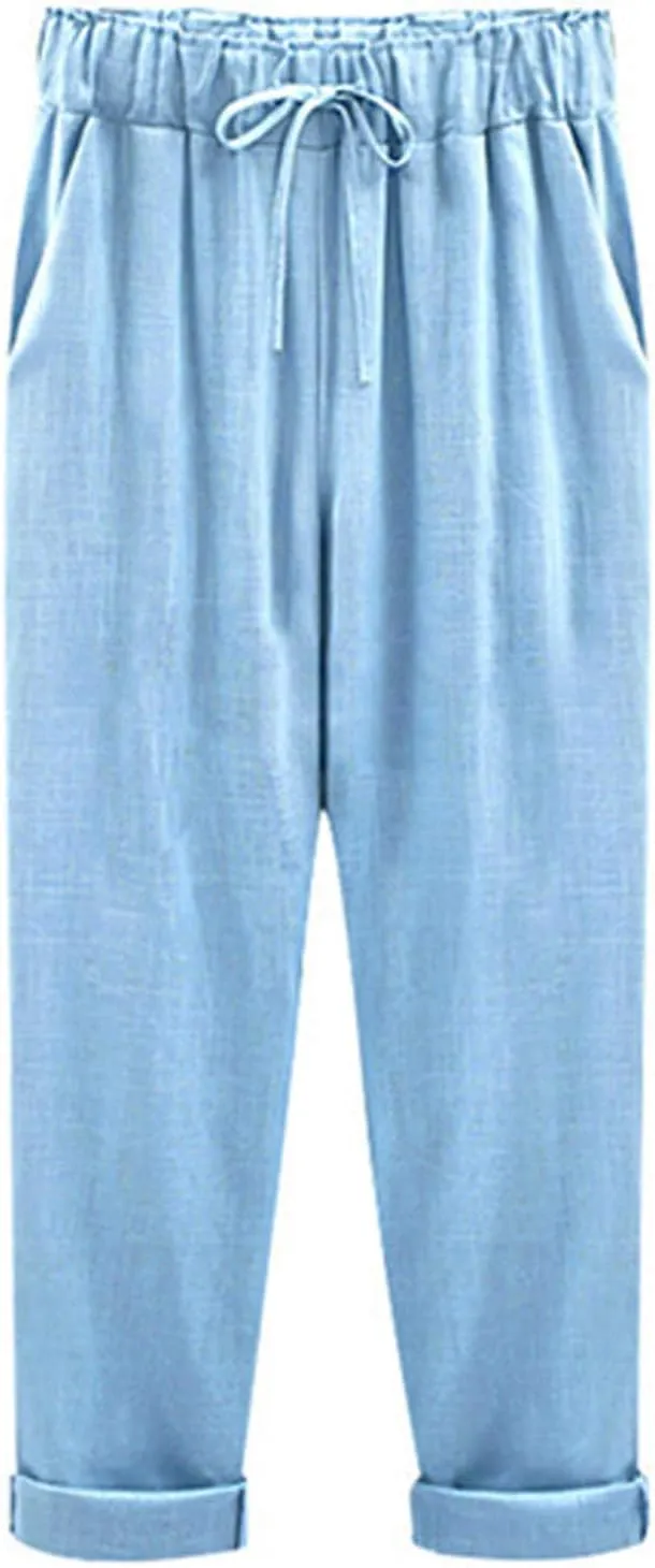 Maryia Women's Linen Cropped Pants Tapered Capris Casual Comfy Solid Rolled Leg Summer Loose Trousers