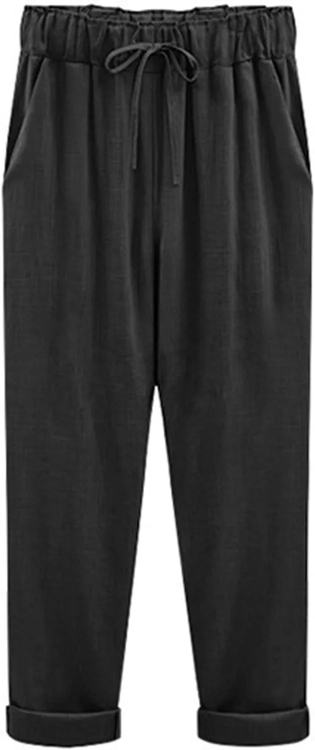 Maryia Women's Linen Cropped Pants Tapered Capris Casual Comfy Solid Rolled Leg Summer Loose Trousers
