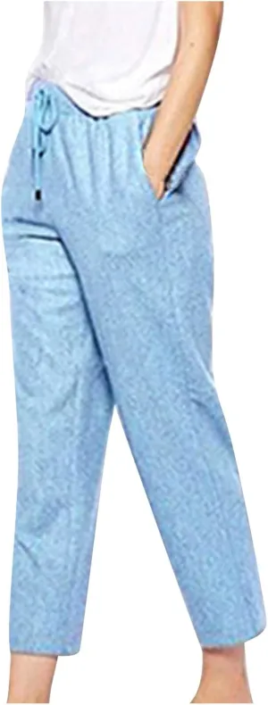 Maryia Women's Linen Cropped Pants Tapered Capris Casual Comfy Solid Rolled Leg Summer Loose Trousers