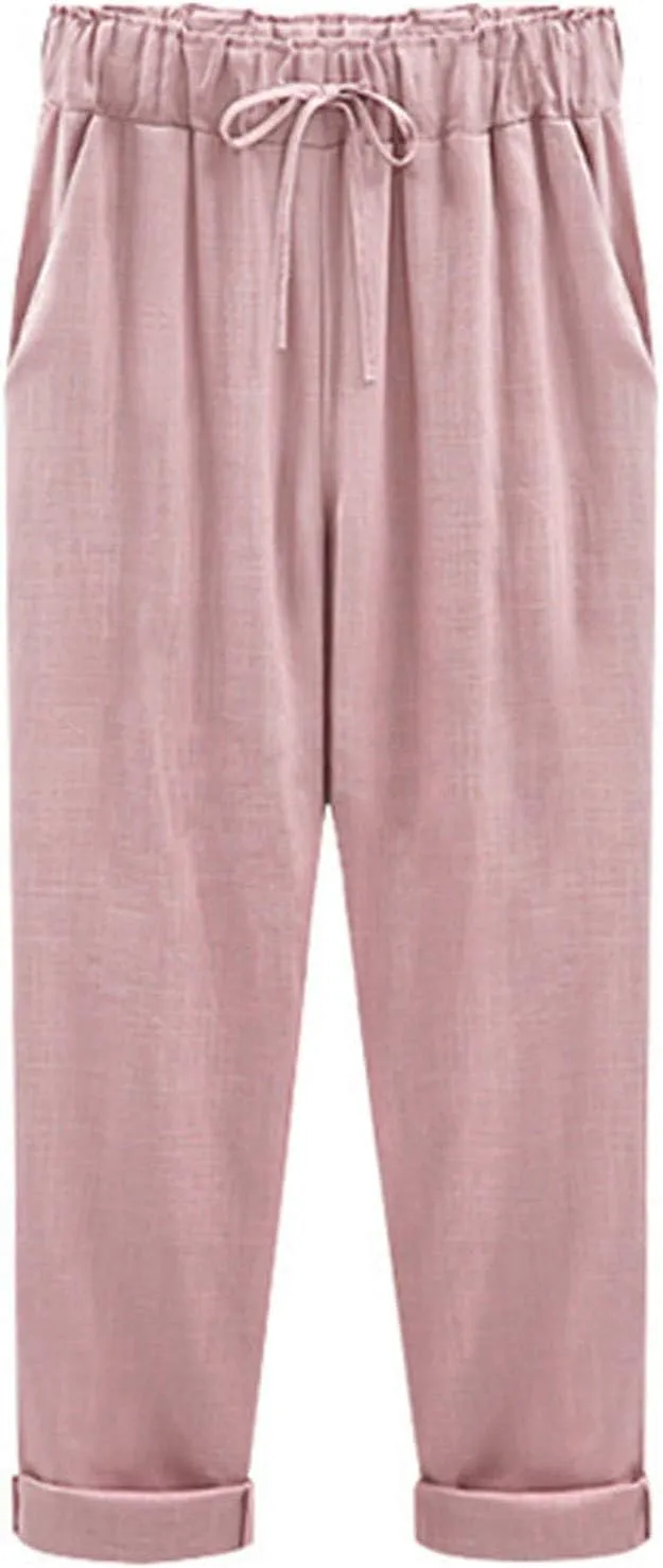Maryia Women's Linen Cropped Pants Tapered Capris Casual Comfy Solid Rolled Leg Summer Loose Trousers