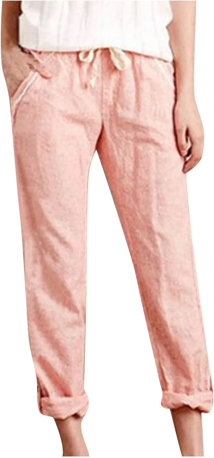 Maryia Women's Linen Cropped Pants Tapered Capris Casual Comfy Solid Rolled Leg Summer Loose Trousers