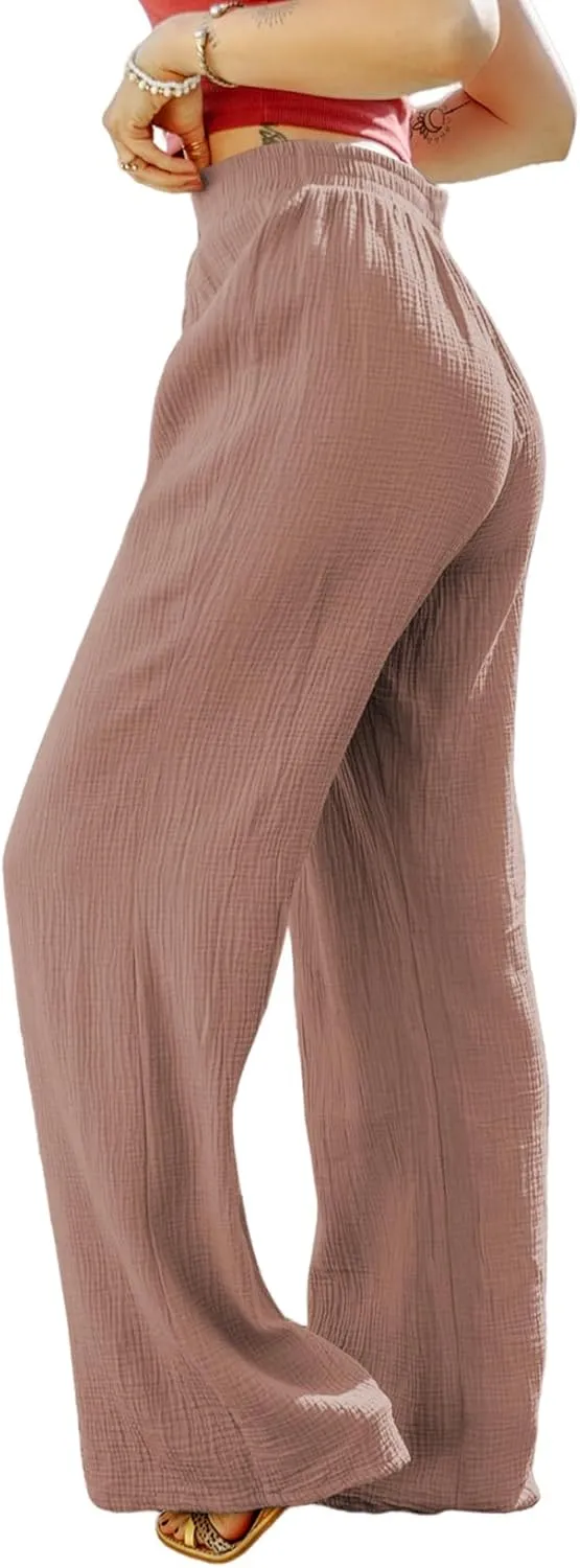 MARZXIN Women Linen Palazzo Wide Leg Pants Casual High Waist Stretchy Fall Loose Long Pants Trousers with Pockets