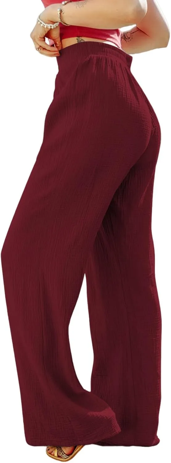 MARZXIN Women Linen Palazzo Wide Leg Pants Casual High Waist Stretchy Fall Loose Long Pants Trousers with Pockets