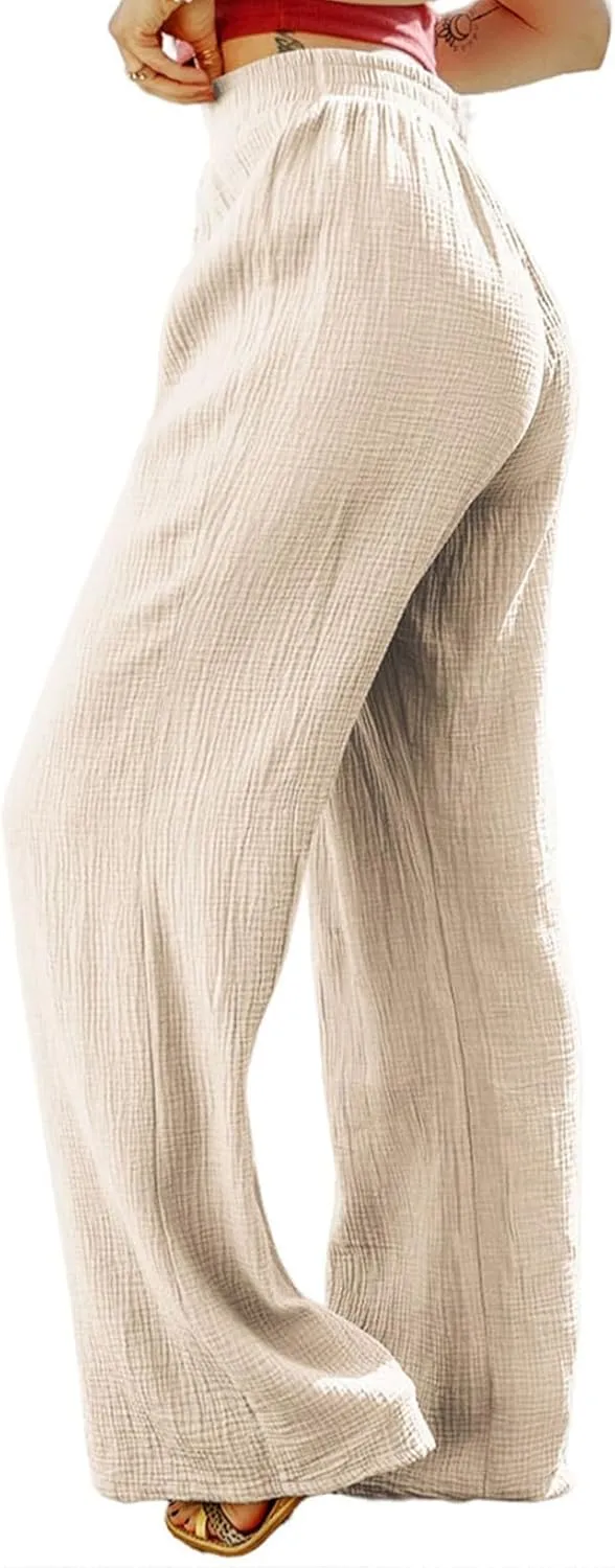 MARZXIN Women Linen Palazzo Wide Leg Pants Casual High Waist Stretchy Fall Loose Long Pants Trousers with Pockets