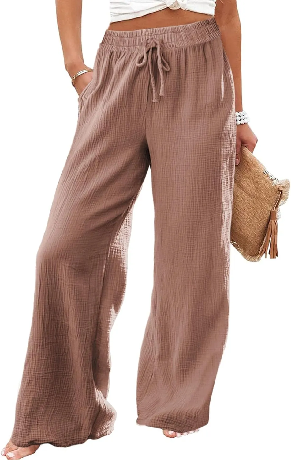 MARZXIN Women Linen Palazzo Wide Leg Pants Casual High Waist Stretchy Fall Loose Long Pants Trousers with Pockets