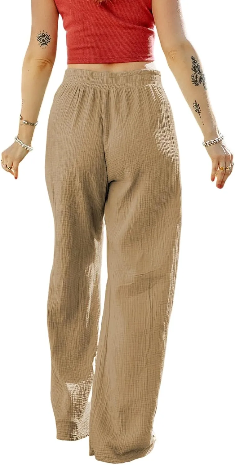 MARZXIN Women Linen Palazzo Wide Leg Pants Casual High Waist Stretchy Fall Loose Long Pants Trousers with Pockets