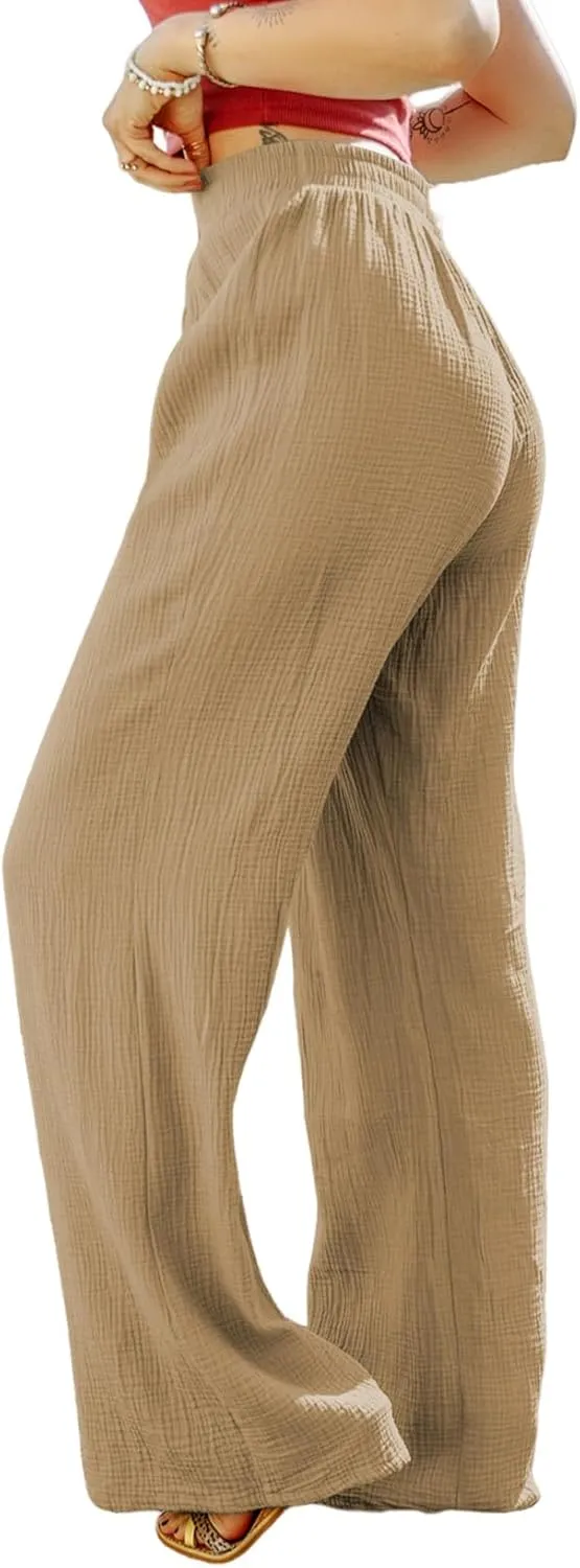 MARZXIN Women Linen Palazzo Wide Leg Pants Casual High Waist Stretchy Fall Loose Long Pants Trousers with Pockets
