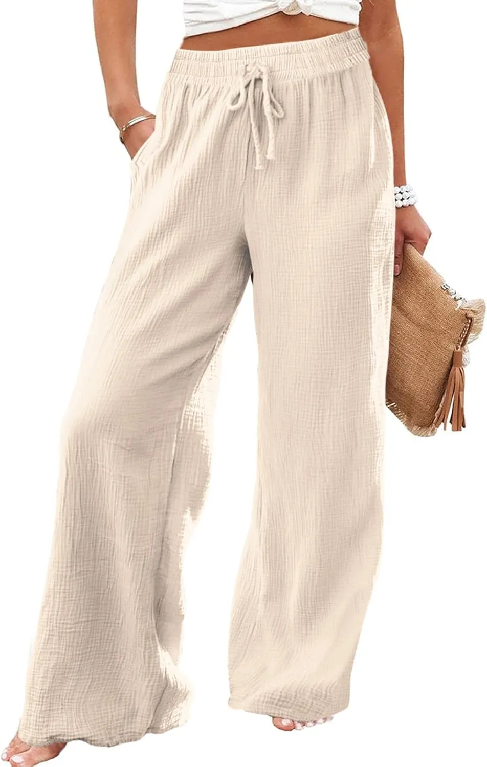 MARZXIN Women Linen Palazzo Wide Leg Pants Casual High Waist Stretchy Fall Loose Long Pants Trousers with Pockets