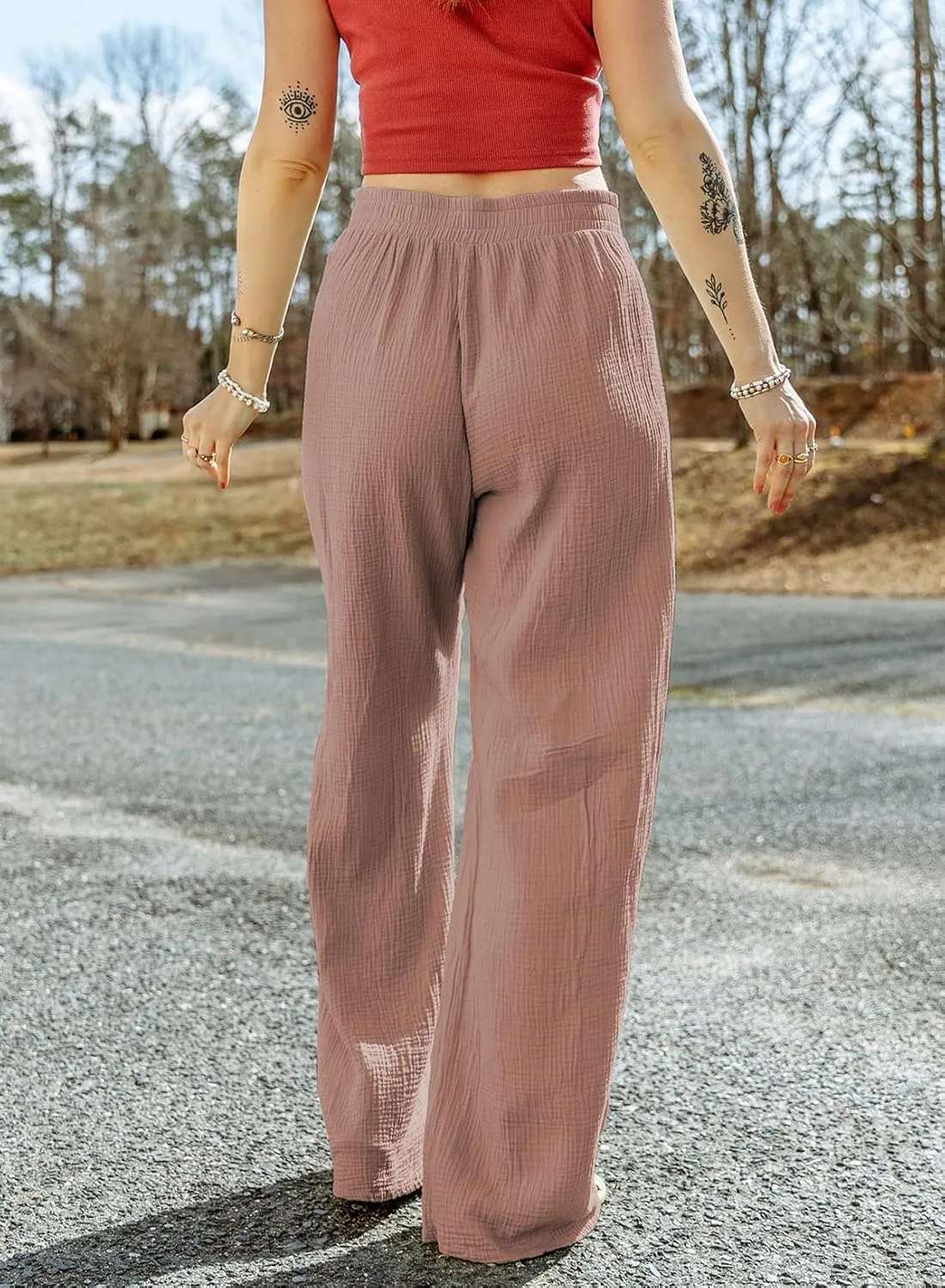 MARZXIN Women Linen Palazzo Wide Leg Pants Casual High Waist Stretchy Fall Loose Long Pants Trousers with Pockets