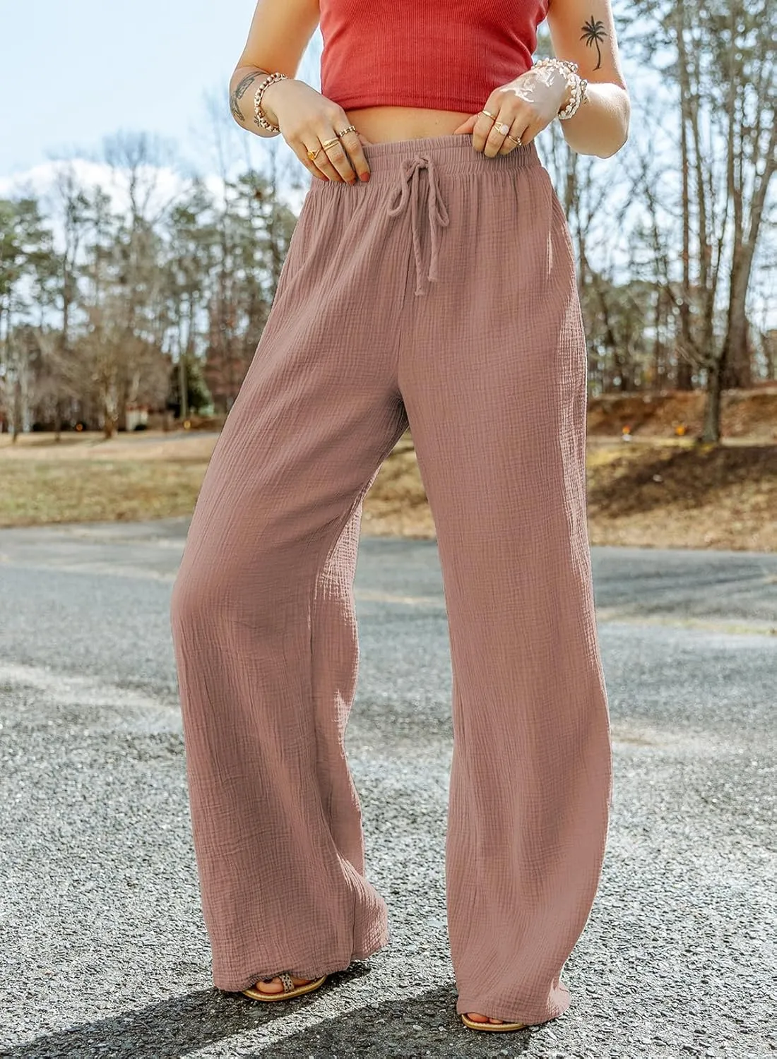 MARZXIN Women Linen Palazzo Wide Leg Pants Casual High Waist Stretchy Fall Loose Long Pants Trousers with Pockets