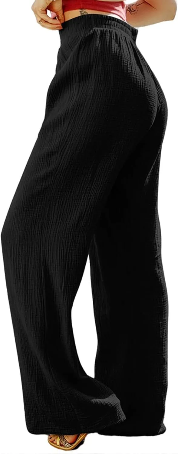 MARZXIN Women Linen Palazzo Wide Leg Pants Casual High Waist Stretchy Fall Loose Long Pants Trousers with Pockets