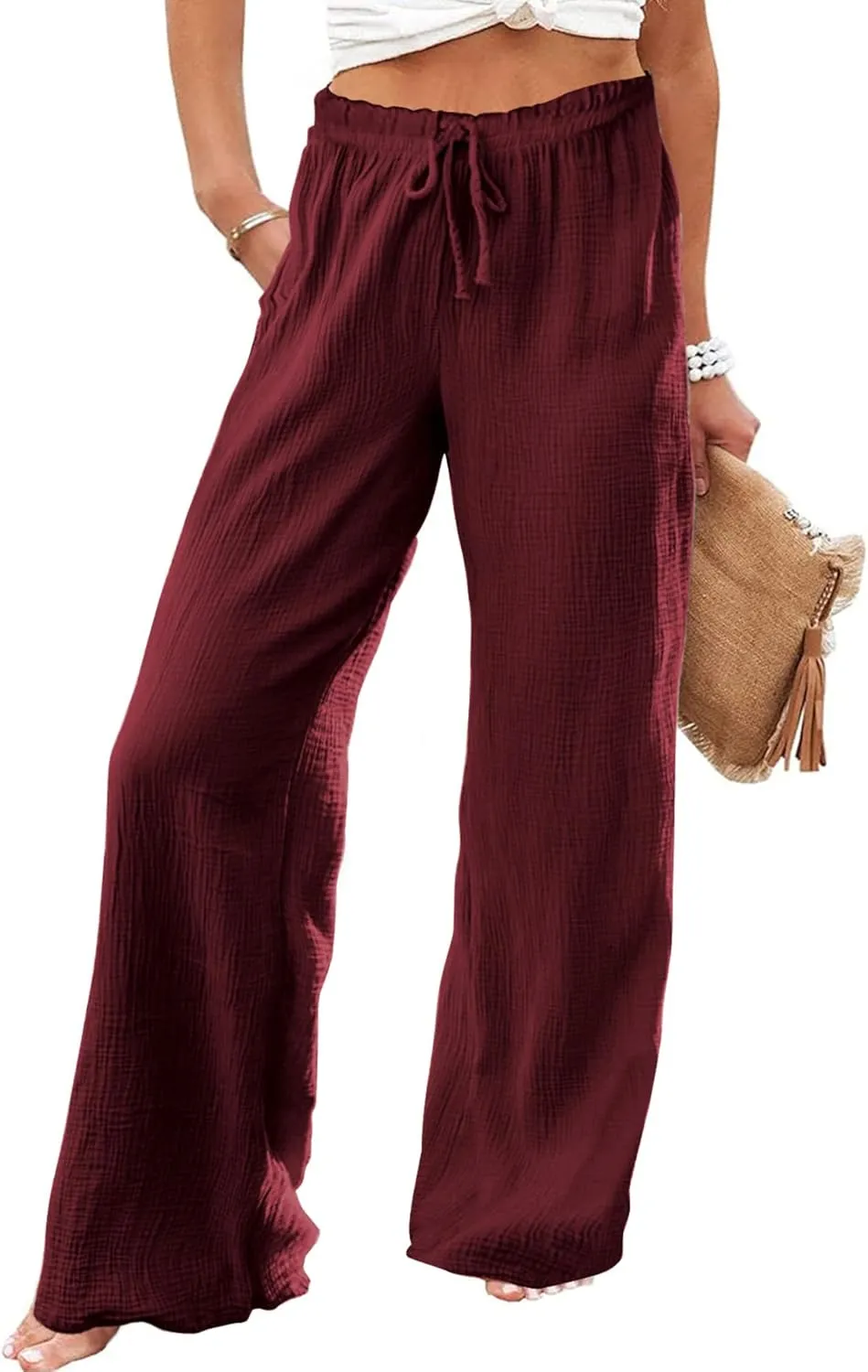 MARZXIN Women Linen Palazzo Wide Leg Pants Casual High Waist Stretchy Fall Loose Long Pants Trousers with Pockets