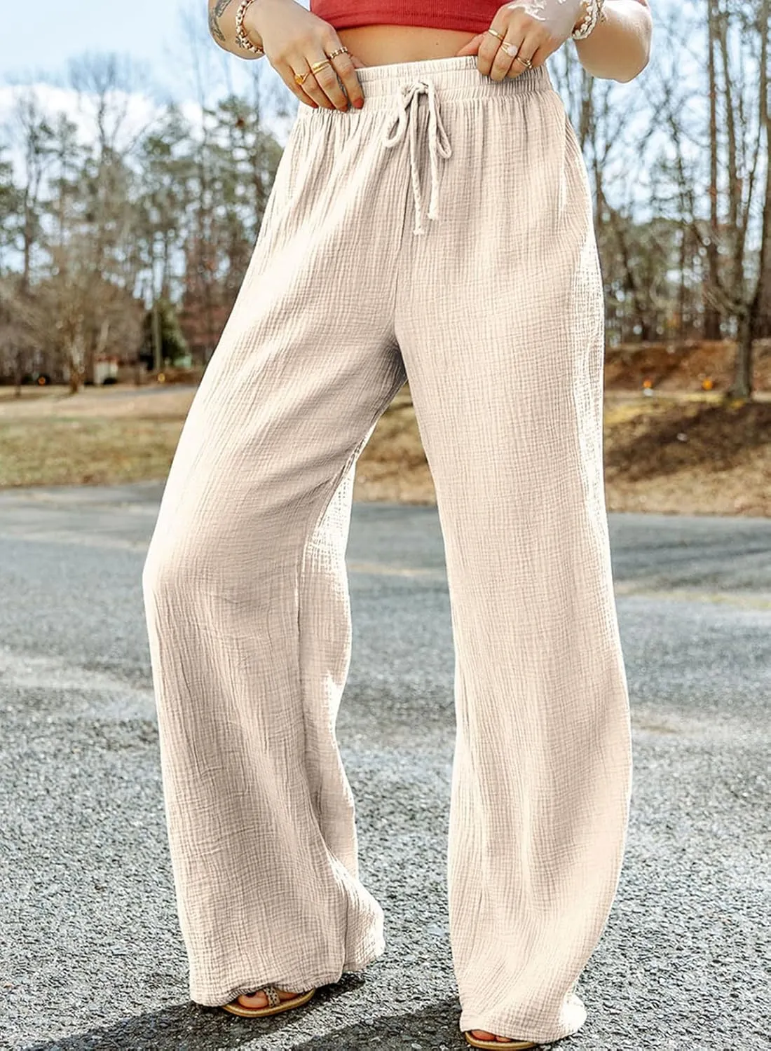 MARZXIN Women Linen Palazzo Wide Leg Pants Casual High Waist Stretchy Fall Loose Long Pants Trousers with Pockets