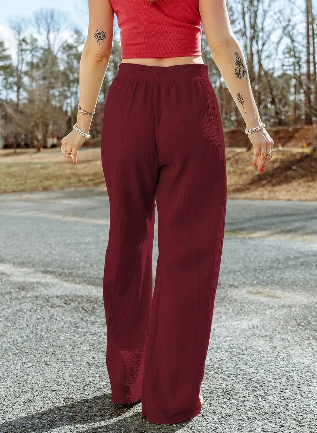 MARZXIN Women Linen Palazzo Wide Leg Pants Casual High Waist Stretchy Fall Loose Long Pants Trousers with Pockets