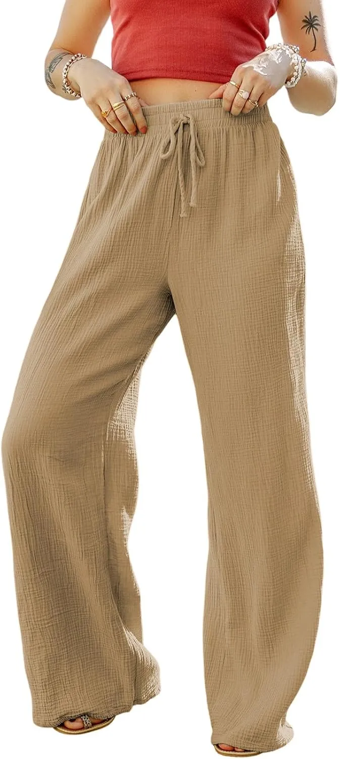 MARZXIN Women Linen Palazzo Wide Leg Pants Casual High Waist Stretchy Fall Loose Long Pants Trousers with Pockets