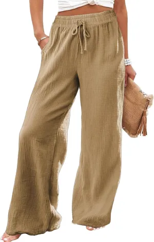 MARZXIN Women Linen Palazzo Wide Leg Pants Casual High Waist Stretchy Fall Loose Long Pants Trousers with Pockets