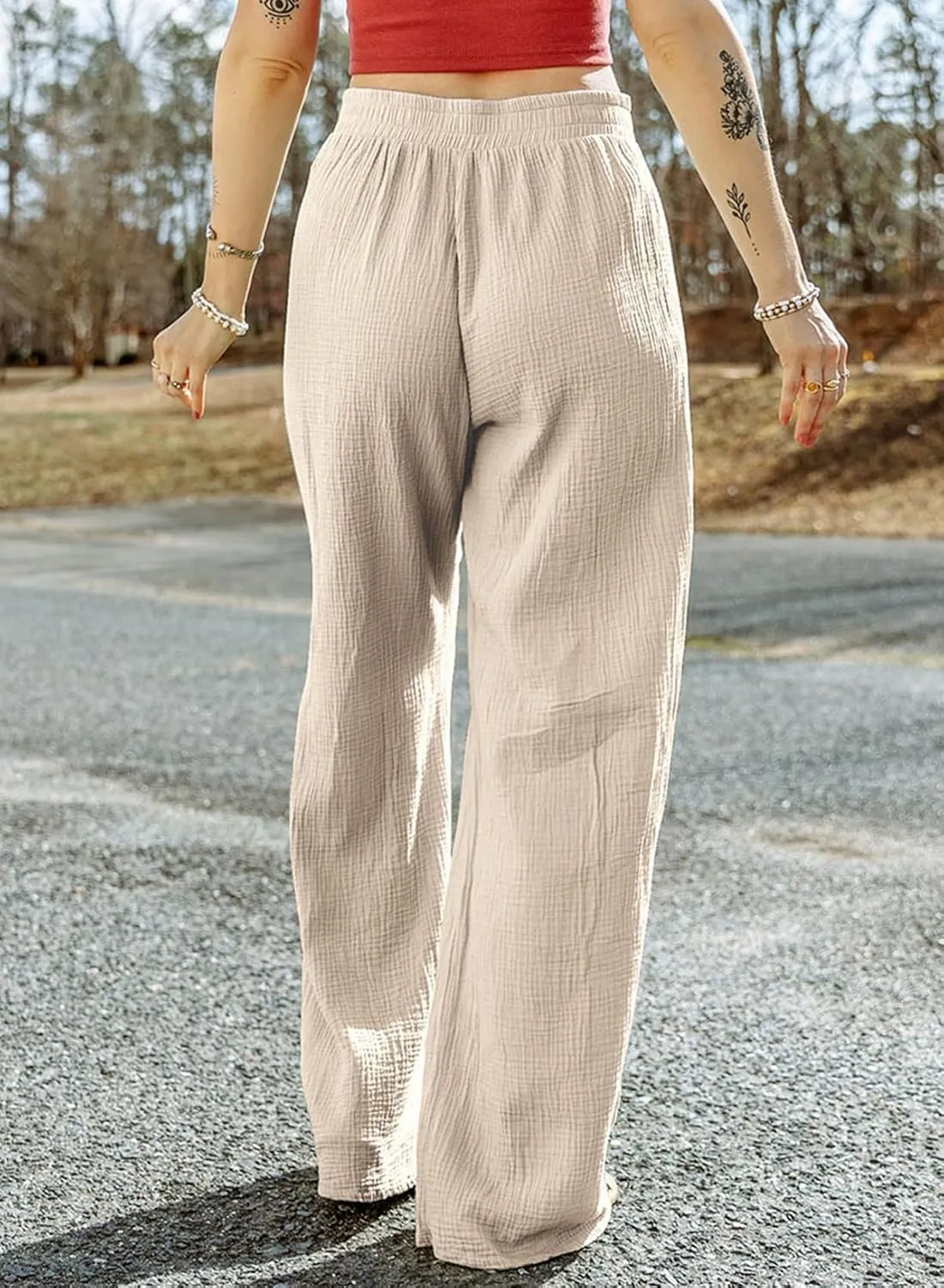MARZXIN Women Linen Palazzo Wide Leg Pants Casual High Waist Stretchy Fall Loose Long Pants Trousers with Pockets