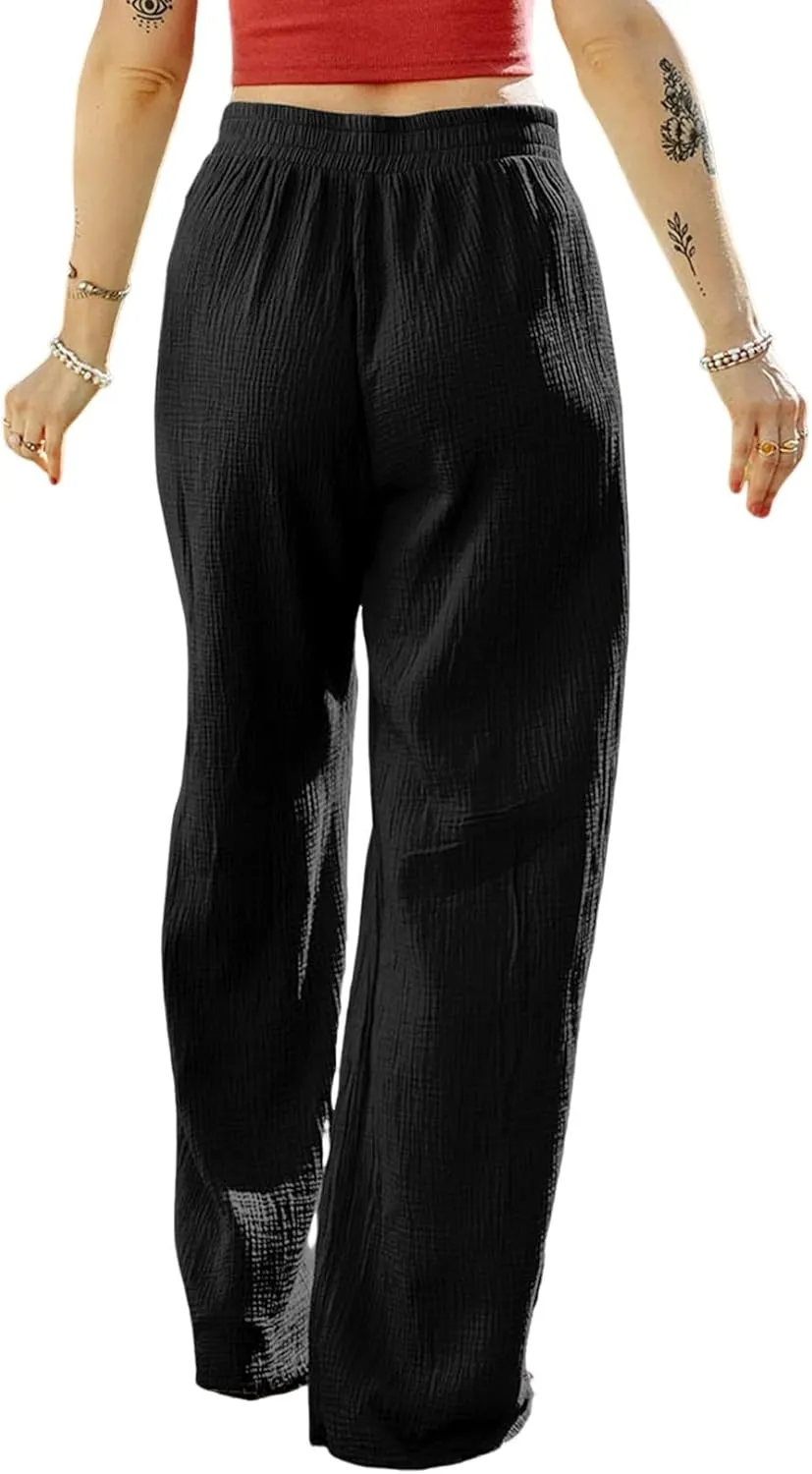 MARZXIN Women Linen Palazzo Wide Leg Pants Casual High Waist Stretchy Fall Loose Long Pants Trousers with Pockets