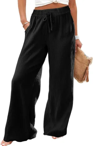 MARZXIN Women Linen Palazzo Wide Leg Pants Casual High Waist Stretchy Fall Loose Long Pants Trousers with Pockets