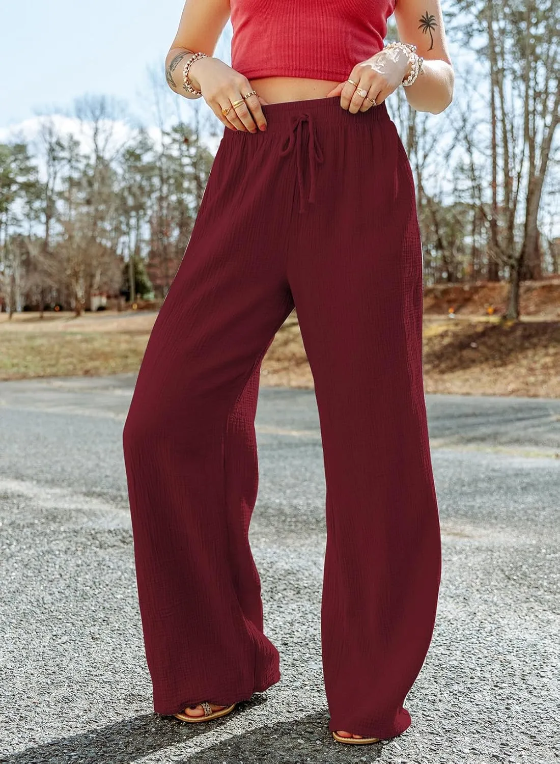 MARZXIN Women Linen Palazzo Wide Leg Pants Casual High Waist Stretchy Fall Loose Long Pants Trousers with Pockets