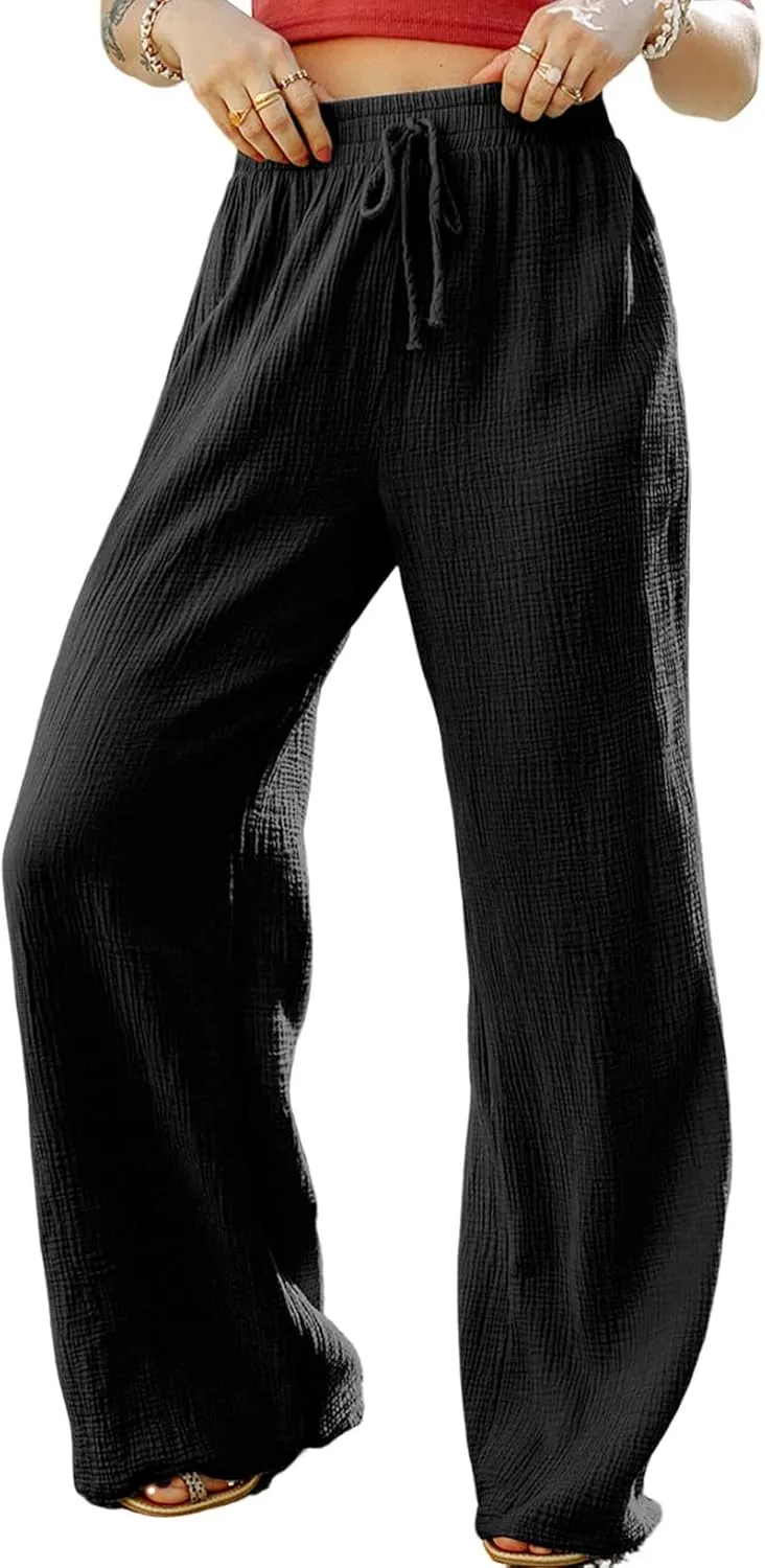MARZXIN Women Linen Palazzo Wide Leg Pants Casual High Waist Stretchy Fall Loose Long Pants Trousers with Pockets