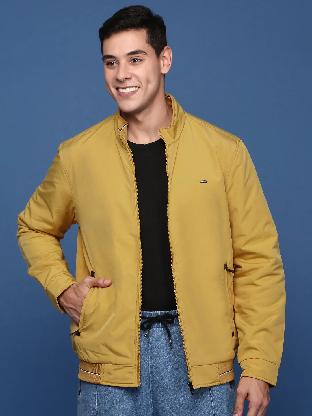 Men Yellow Windcheater Mock Collar Solid Yellow Bomber Jacket