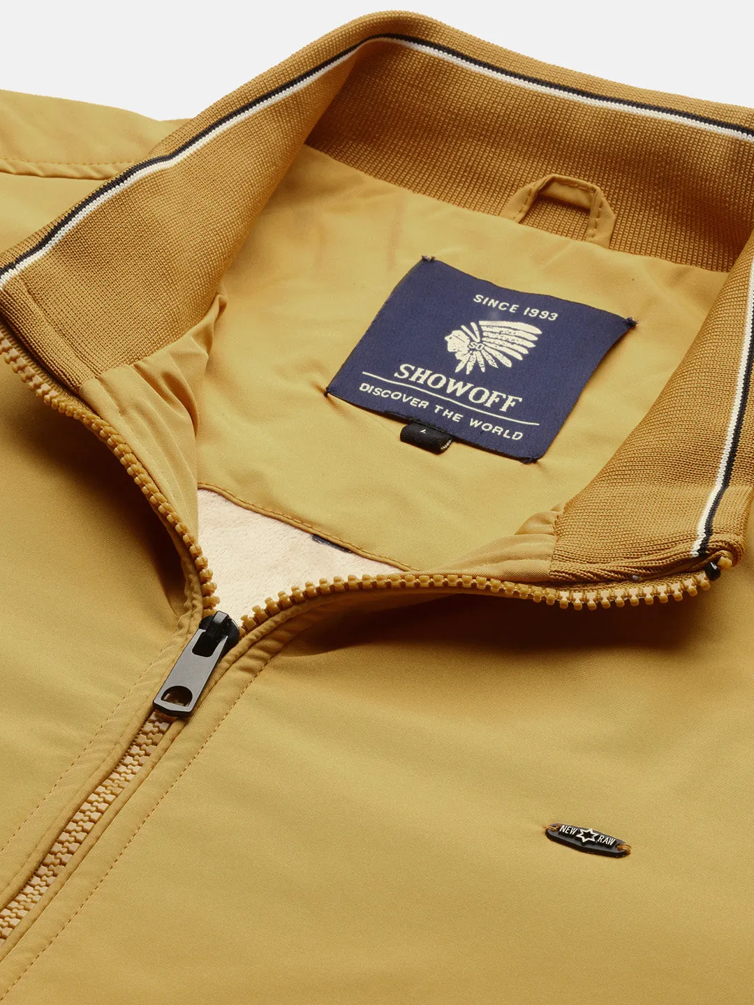 Men Yellow Windcheater Mock Collar Solid Yellow Bomber Jacket